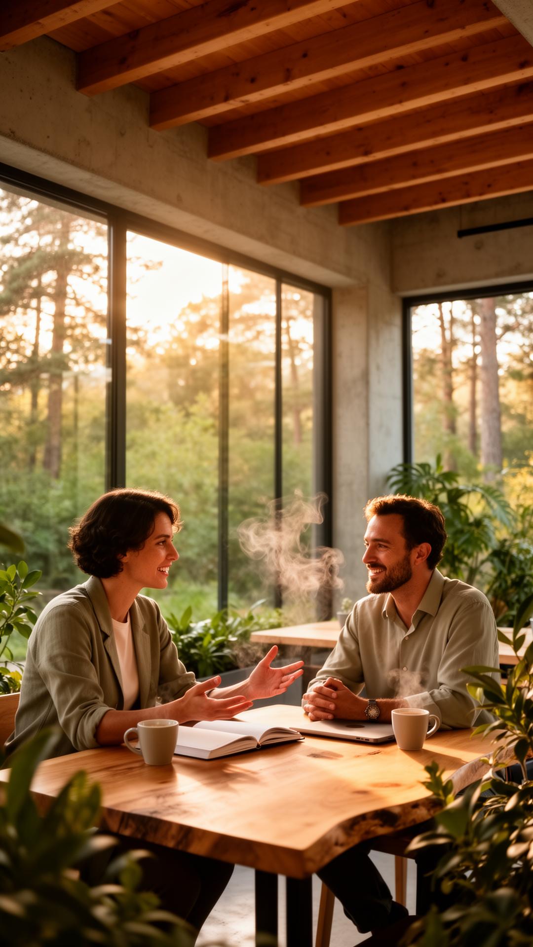 Two partners in warm, inspired conversation at a sunlit modern workspace surrounded by greenery